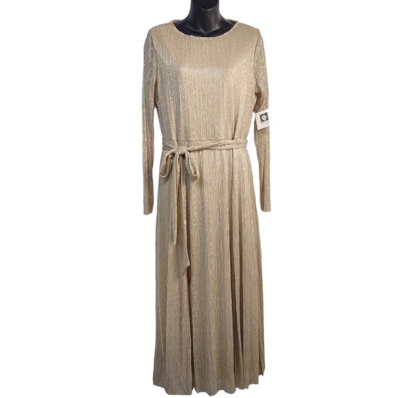 Anne Klein Women's Tan/Gold Metallic Longsleeve Dress Size 12 NWT - Picture 4 of 16